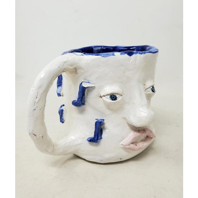Early 21st Century 2010s Handcrafted Decorative Mug - Faces on 2 Sides - Blue Eyes and Green Eyes - Ooak For Sale - Image 5 of 18