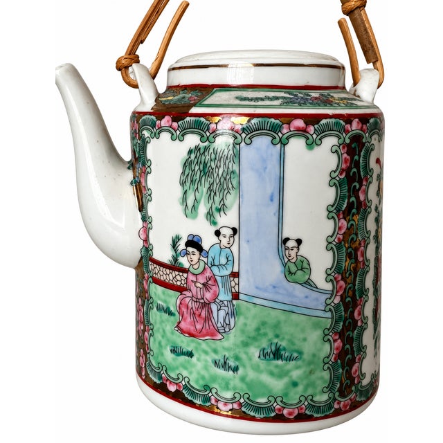 Mid 20th Century Chinese Rose Medallion Porcelain Teapot With Wrapped Cane Handle & Two Cups — 3-Piece Set For Sale - Image 4 of 11