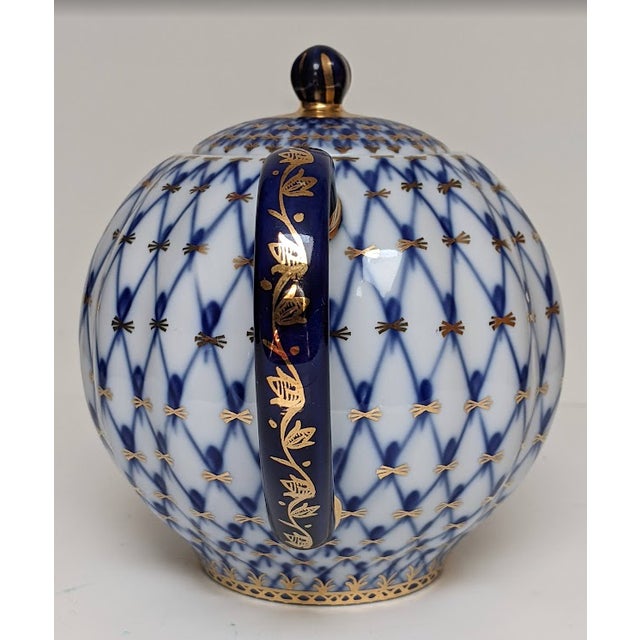 Metal 1940s Small Teapot by Lomonosov Cobalt Net Pattern - Set of 5 For Sale - Image 7 of 10