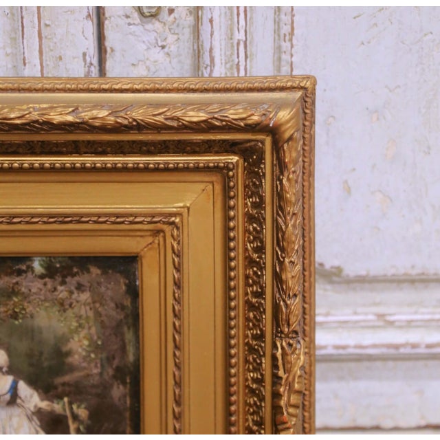 Brown Pair of 19th Century French Pendant Genre Paintings on Board in Carved Frames For Sale - Image 8 of 15