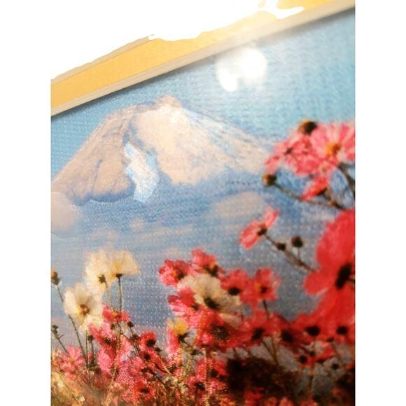 Mid-Century Modern 1970s MCM 3D Foil Art Deco Diorama Scene Mt Fuji Pink Cosmos Flower Concave Blue Frame For Sale - Image 3 of 17