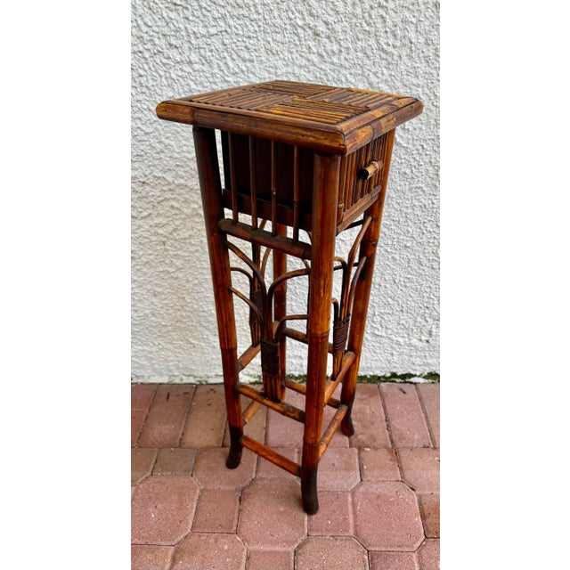 Wood Vintage Tortoiseshell Rattan Plant Stand Side End Table With Drawer For Sale - Image 7 of 8