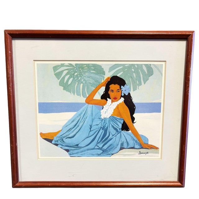 Pair of vintage framed prints titled "Wahine" & "Lei Wahine" Lithograph Prints depicting Hawaiian women in colorful...