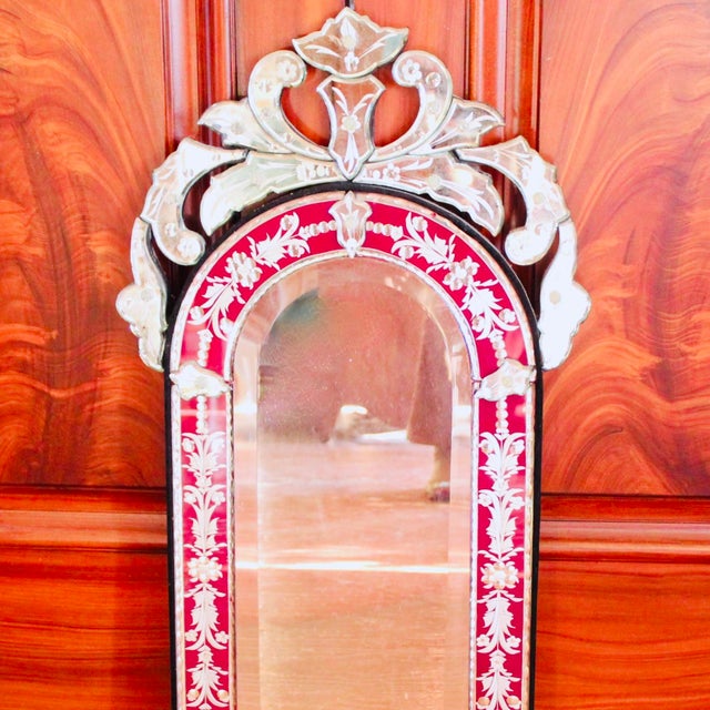 Small Venetian Red Cut to Clear Glass Mirror With Engraved Designs For Sale - Image 10 of 11