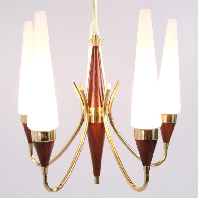 5-Arm Chandelier in Brass and Teak with Opal Glass by Bent Karlby for Lyfa 1960s For Sale - Image 10 of 13