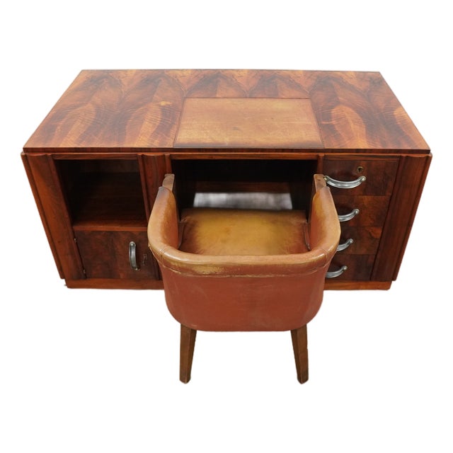 Vintage Art Deco Waterfall Desk & Barrel Back Chair (Set of 2) For Sale