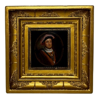 Antique English Portrait King Henry VIII Wearing the Badge of the Order of the Garter After Hans Holbein – Oil Painting on Panel, Circa 1750 For Sale