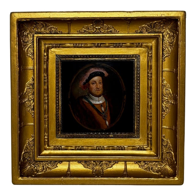 Antique English Portrait King Henry VIII Wearing the Badge of the Order of the Garter After Hans Holbein – Oil Painting on Panel, Circa 1750 For Sale