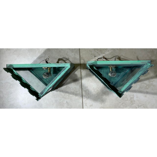 1950s Pair of Artistic Vintage Patinated Metal Wall Lantern Sconces For Sale - Image 5 of 12