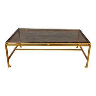 Highland House Contemporary Polished Brass Metal and Glass Cocktail Table For Sale