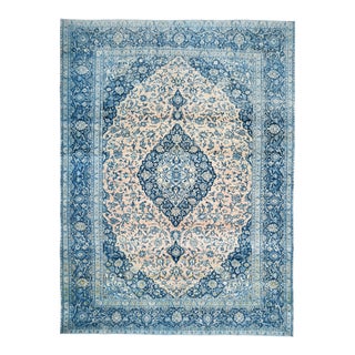 Vintage Turkish Oushak Handmade Wool Cotton Blue Area Rug For Sale