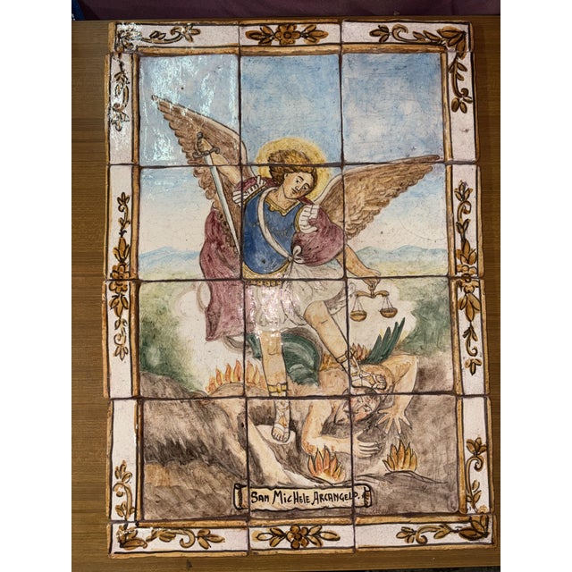 Blue Hand-Painted Mosaic of St. Michael the Archangel, 1950s For Sale - Image 8 of 14