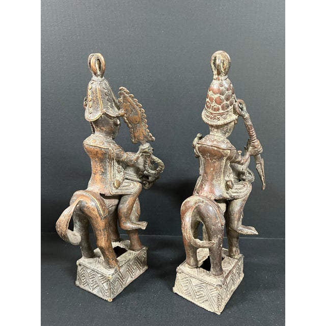 Pair of African Tribal Art Benin Bronze Warrior Figures on Horseback For Sale - Image 15 of 16