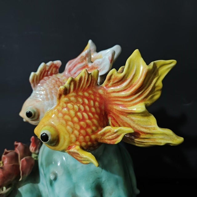 Art Deco Vintage Shiwan Kiln Glazed Double Fish & Lotus Sculpture / "Abundance" Statue For Sale - Image 3 of 7