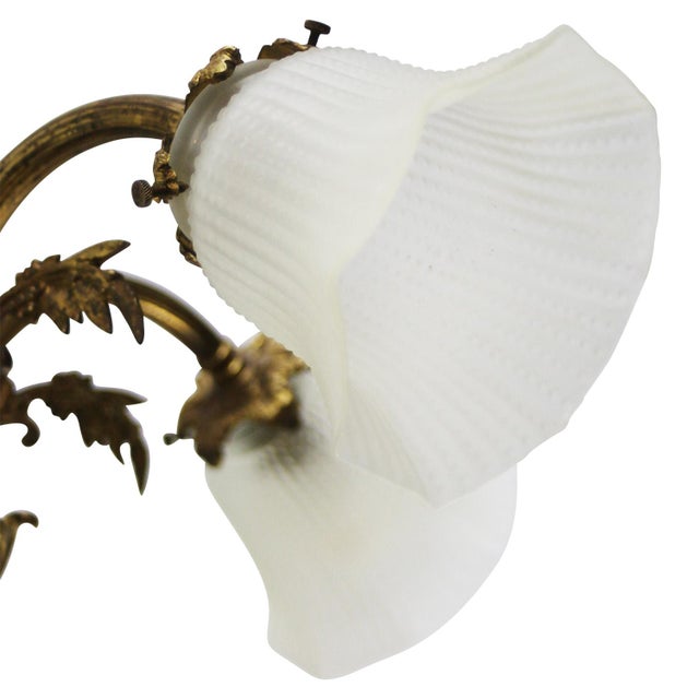 French brass chandelier Brass arm with 4 white reeded mat glass shades Diameter glass shades 125 mm 4x B22 bulb holder /...