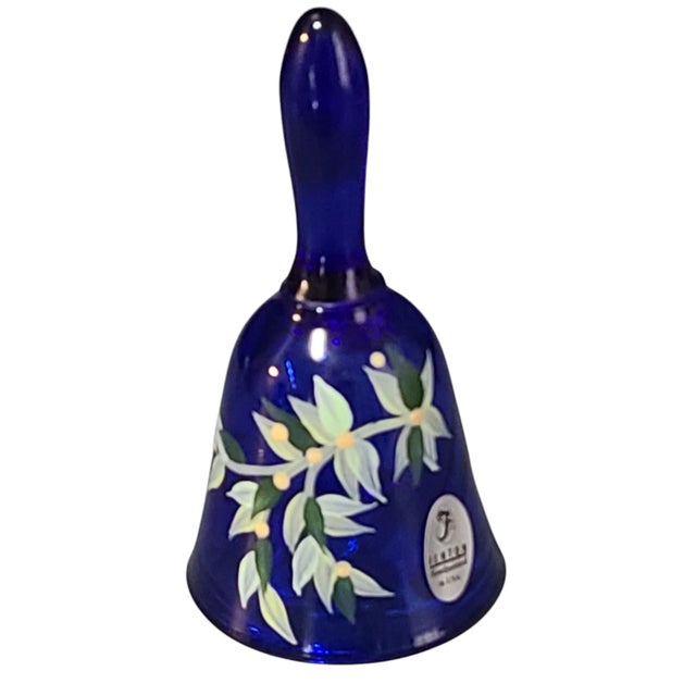Late 20th Century Vintage Hand Painted Floral Blue Fenton Glass Bell Marked & Original Label For Sale - Image 5 of 5