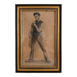 Early 20th Century Charcoal and Watercolor Painting of Working Man, Clare Shenehon Boyd (1895–1986) For Sale