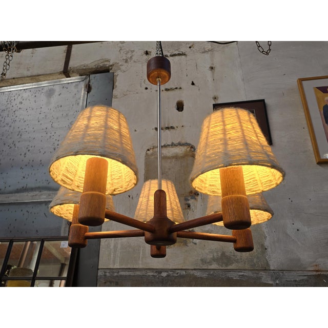 Vintage Teak and Wool 5-Arm Ceiling Light from Domus, Germany, 1970s For Sale - Image 6 of 17