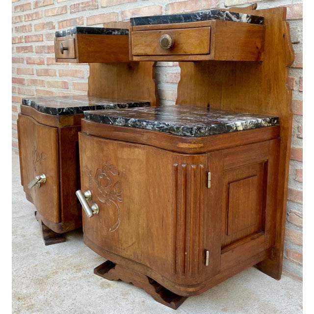 Early 20th Century Art Nouveau Style Carved Nightstands or Bedside Tables with Marble Top, 1930, A Pair For Sale - Image 5 of 18