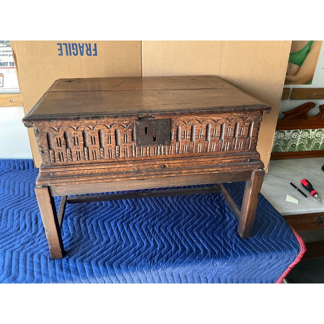 Gothic Style Antique Carved Oak Travel Chest on Stand For Sale In Los Angeles - Image 6 of 9