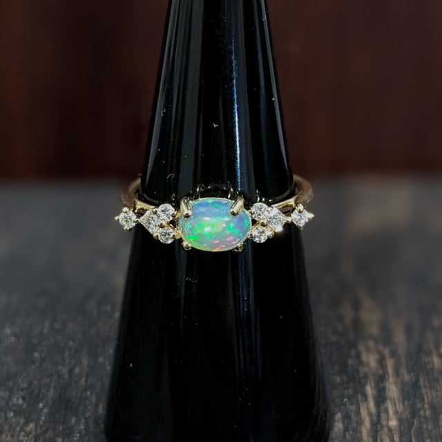 East West Opal Ring W Earth Mined Diamonds in Solid 14k Yellow Gold | Oval 8x6mm For Sale - Image 10 of 18