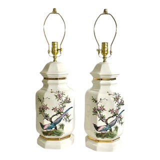 Pair of Vintage Chinoiserie Ceramic Ginger Jar Table Lamps With Transferware Bird Motif For Sale
