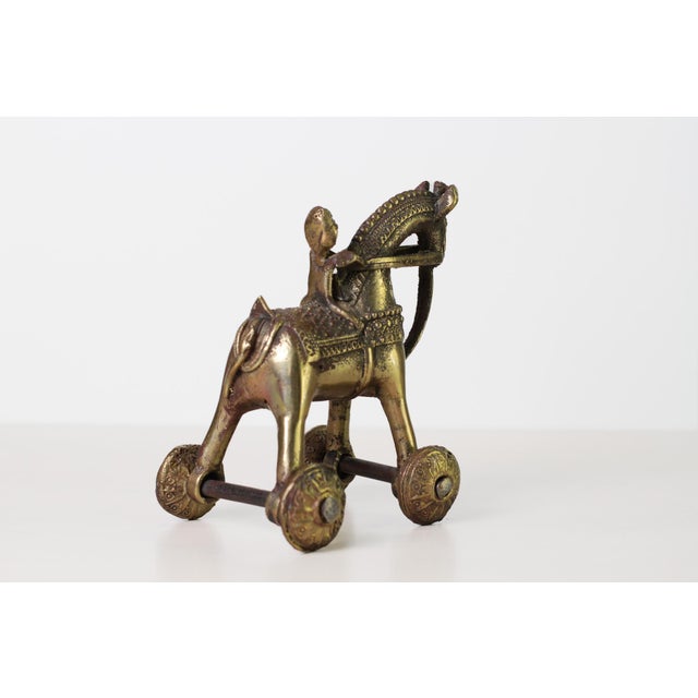 Antique Indian Brass Temple Horse on Wheels With Rider For Sale - Image 4 of 15