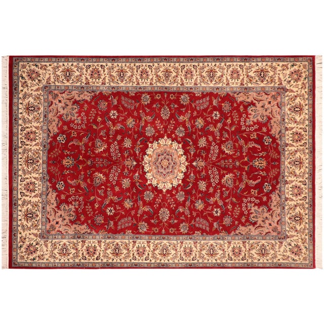 Red Shabby Chic Medallion 1990's Pak-Persian Red/Ivory Wool Rug - 6'2'' X 9'3'' For Sale - Image 8 of 9