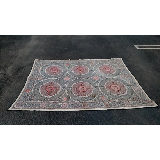 Textile Vintage Red and Black Bukhara Suzani Tapestry For Sale - Image 7 of 8