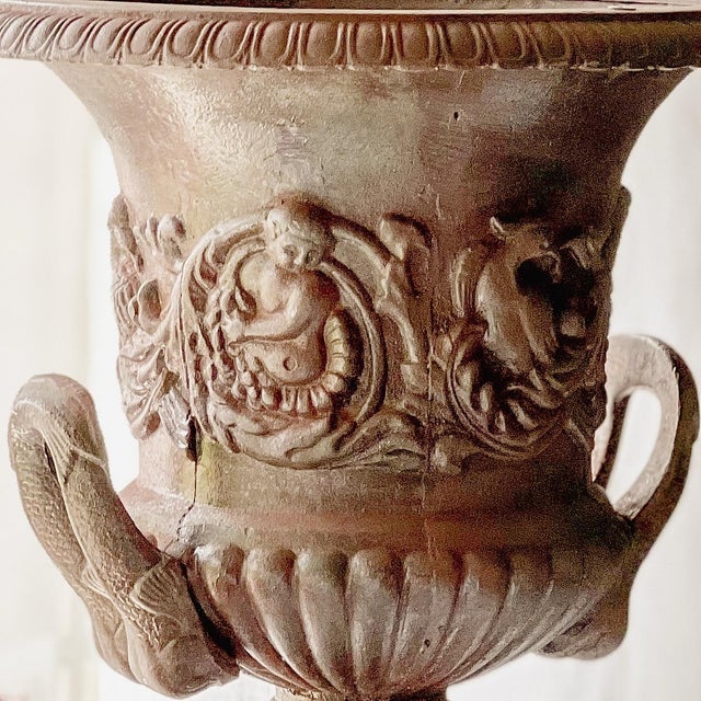 Large Ornate Antique French Cast Iron Urn With Cherub and Pheasant Design For Sale - Image 6 of 11