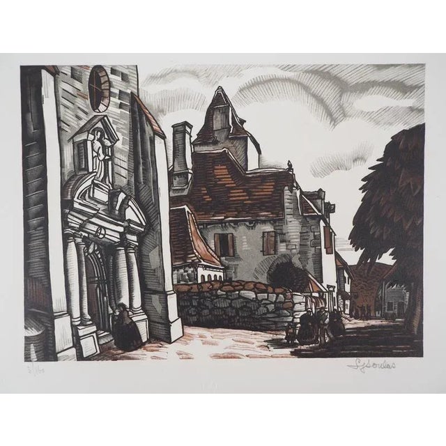 Louis Soulas, Dordogne, The Place at Domme, 1928, Original Signed Woodcut For Sale - Image 6 of 6