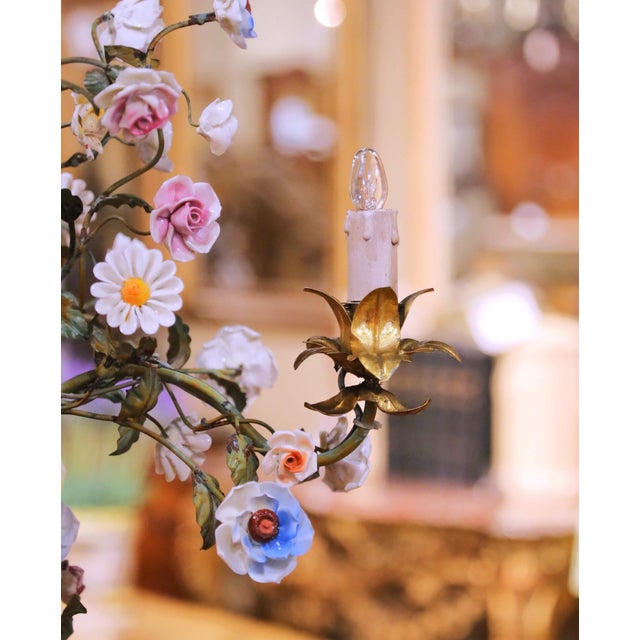 Early 20th Century French Floral Porcelain and Iron Three-Light Chandelier For Sale - Image 4 of 11