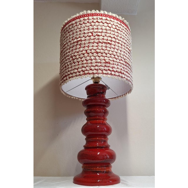 1970s Large Vintage German Table Lamp with Red Ceramic Base and Handmade Fabric Shade from Lamplove, 1970s For Sale - Image 5 of 10