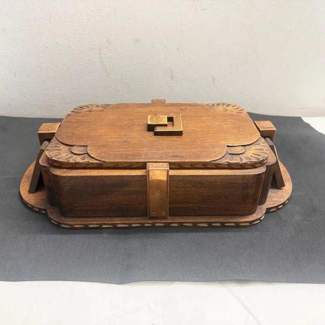 Wood 1930s Art Deco Hand-Carved Oak, Maple Wood and Brass Huge French Box For Sale - Image 7 of 15