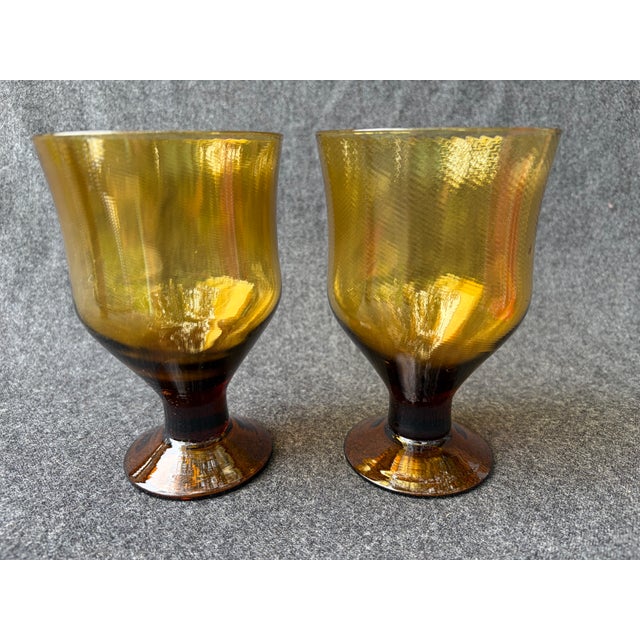 1970s Vintage Mid-Century Modern Amber Brown Glass Denby Avanti Goblets a Pair For Sale - Image 5 of 9
