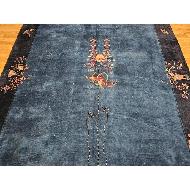 Antique Chinese Art Deco Rug, Hand-Knotted Wool Pile, Phoenix Motif Design, French Blue & Navy, 10' X 17’ For Sale - Image 11 of 17