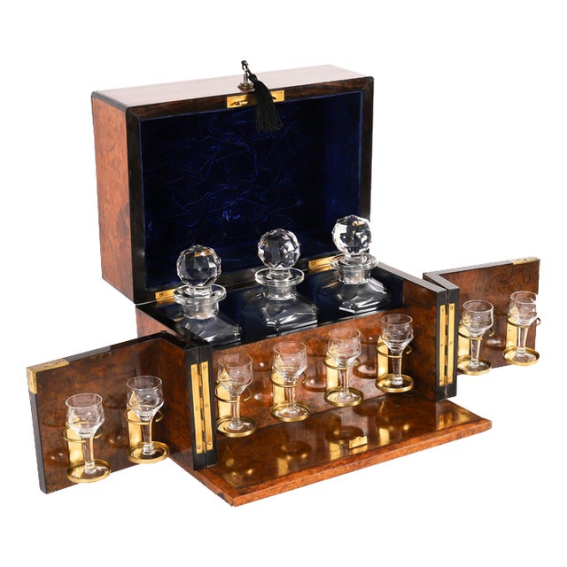 Antique 19th Century Victorian Burr Walnut and Crystal 3-Decanter Tantalus Dry Bar, Set of 12 For Sale