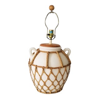 Vintage Coastal Decor Handmade Pottery and Rattan Table Lamp For Sale