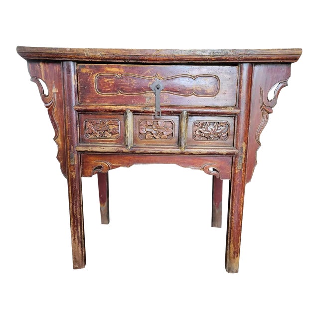 Antique Chinese Red Lacquer Console Table With Hand-Carved Floral Panels, Iron Lock & Collector’s Wax Seal – Qing Dynasty, 19th Century For Sale