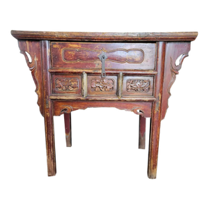Antique Chinese Red Lacquer Console Table With Hand-Carved Floral Panels, Iron Lock & Collector’s Wax Seal – Qing Dynasty, 19th Century