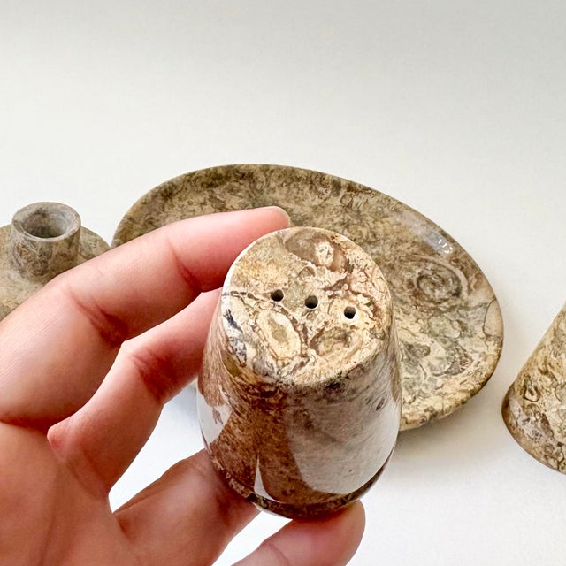 Beige Vintage Fossil Coral Marble Condiment Set With Tray, Salt & Pepper Shakers and Toothpick Holder - Set of 4 For Sale - Image 8 of 12