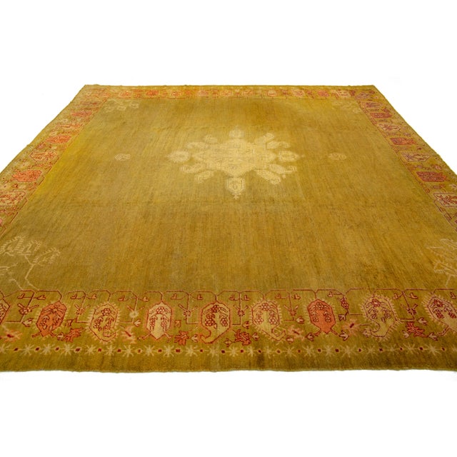 Goldenrod Turkish Oushak Antique Square Wool Rug Featuring a Center Design For Sale - Image 4 of 10
