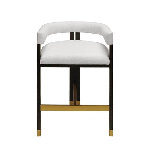 2020s Matthew Izzo Home Cruise Espresso and White Linen Barrel Back Counter Stool With Brass Ferrele For Sale - Image 5 of 5