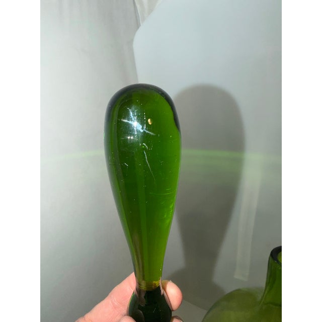 Rare 1969 XL Extra Large Olive Green Blenko #6951 W/Label Handblown Glass Decanter With Stopper Bottle For Sale - Image 9 of 11