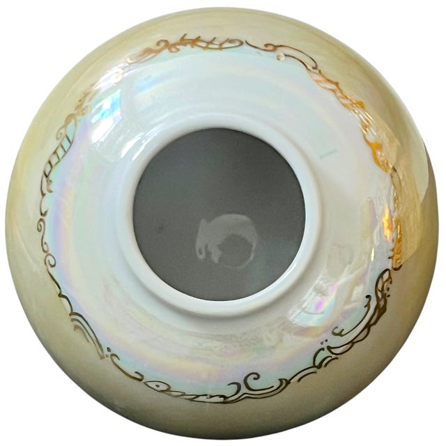 1980s Vintage Signed Studio Porcelain Globe Vase With Iridescent Mother-of-Pearl Luster & Raised Gilt Art Nouveau Decoration in the Style of Loetz For Sale - Image 5 of 6