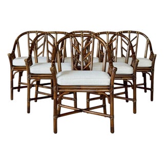 Vintage McGuire M-74 “Arrow Back” Rattan Dining Arm Chairs by Elinor McGuire, Set of Six For Sale