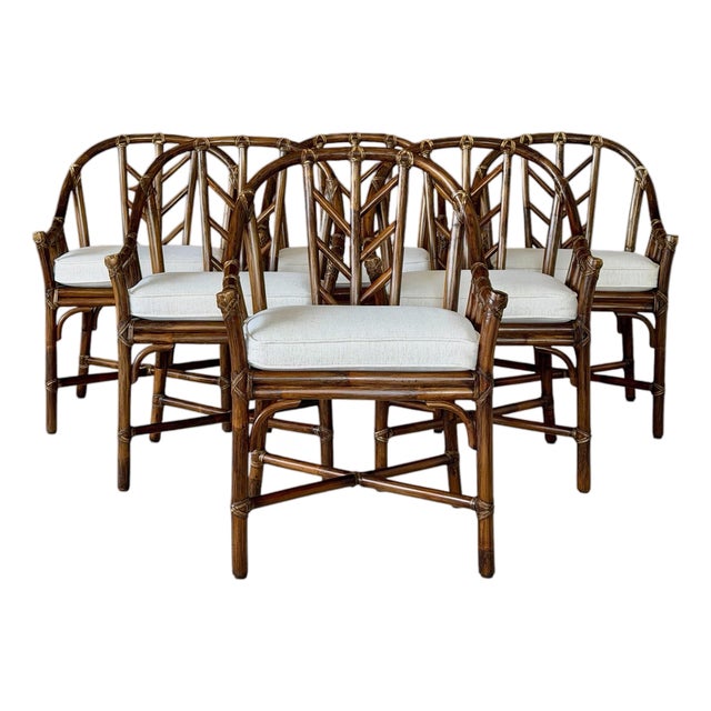 Vintage McGuire M-74 “Arrow Back” Rattan Dining Arm Chairs by Elinor McGuire, Set of Six For Sale