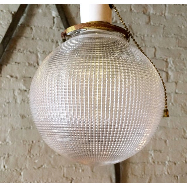 Metal Pair of 1930s Industrial Holophane Glass Globe Pendant Lights For Sale - Image 7 of 8