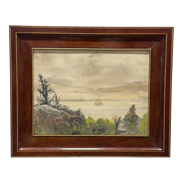 Early 20th C. Oil on Board Coastal Landscape W/ Sailboat For Sale