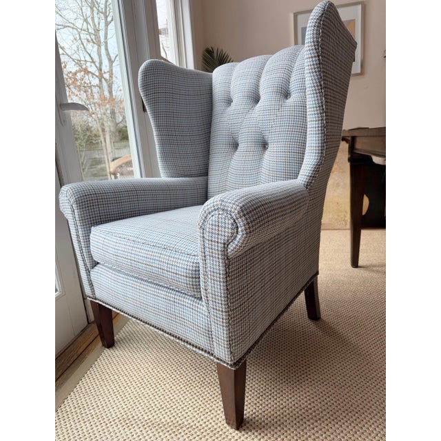 English English Chesterfield Style Blue Houndstooth Tufted Back Wingback Chair For Sale - Image 3 of 18